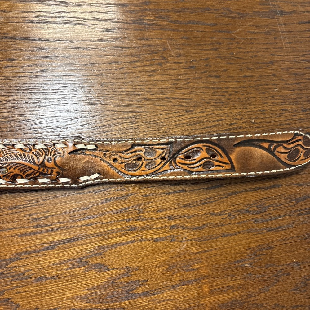 Vintage Hand Tooled Leather Belt Name "Roger" Brown Men 36 Circle G No Buckle - Picture 4 of 8